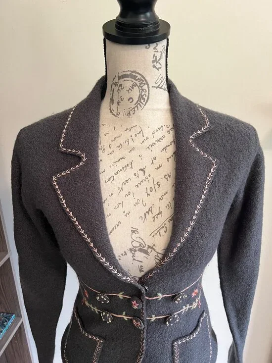 Lucidity Wool Blazer Grey Floral Embroidered Snap Button Pockets Boho Fairy S - Picture 2 of 11